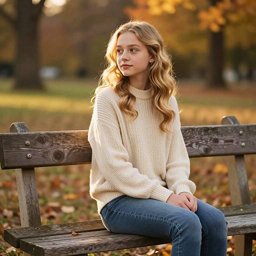 Photograph of a young blonde woman with wavy hair, wearing a cream knit sweater and blue jeans, sitting on a wooden bench in an autumn park