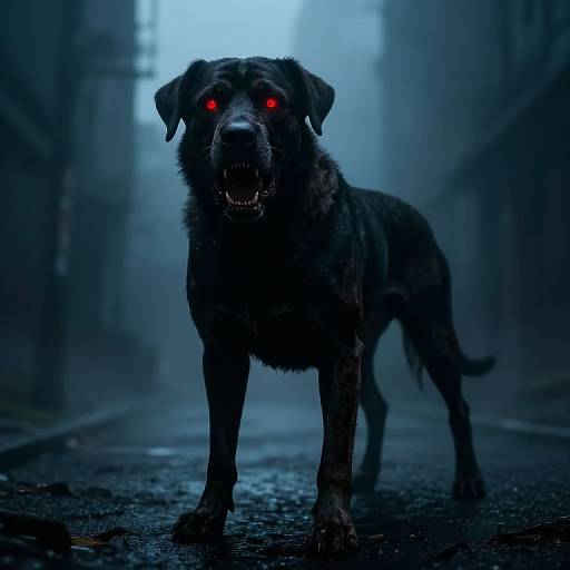 Photograph of a menacing black dog with glowing red eyes standing on a foggy, narrow street at night, casting an eerie, supernatural vibe.