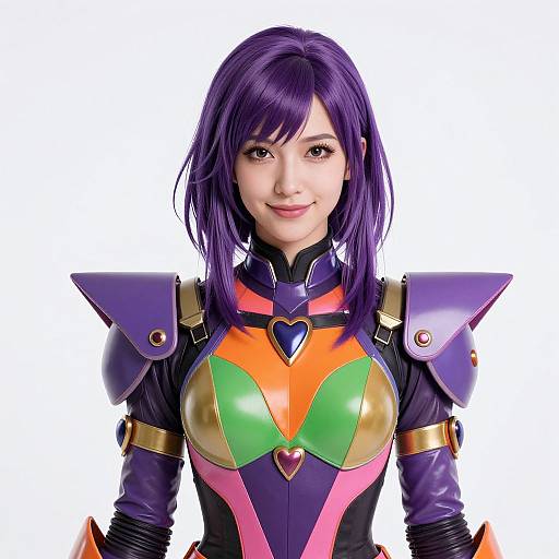 Photorealistic CGI of a smiling Asian woman with purple hair, wearing colorful futuristic armor with purple, orange, green, and pink accents.