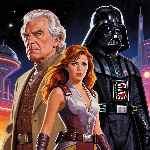 Digital art of Obi-Wan Kenobi, Princess Leia, and Darth Vader in a starry galaxy with colorful space stations in the background.