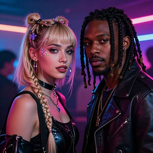 Photograph of a blonde woman with buns and braids, wearing glitter, and a black leather top, standing next to a black man with dread