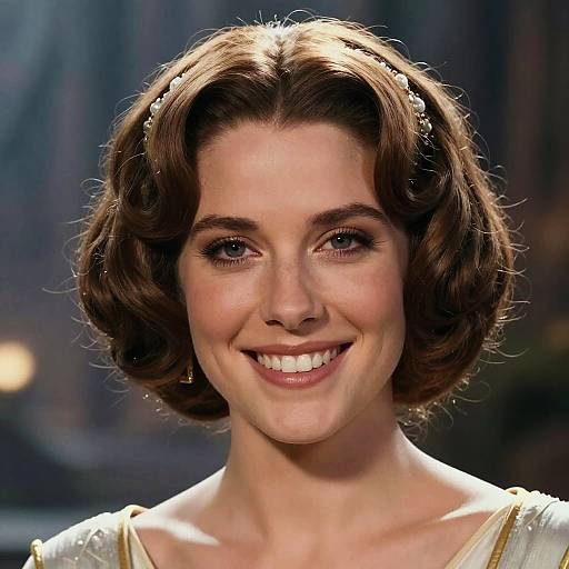 Photograph of a smiling young woman with short, wavy brown hair, adorned with a headband, wearing a white dress, set against a blurred