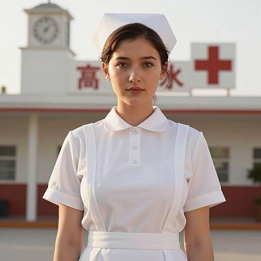 Photograph of a young Asian woman in a white nurse uniform and cap, standing in front of a hospital building with a red cross sign.