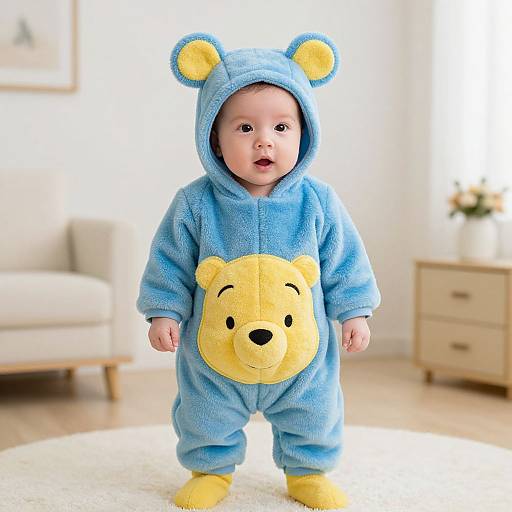 Photograph of a baby in a light blue, plush Winnie the Pooh onesie with yellow bear face, standing in a bright, modern living