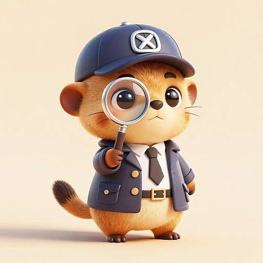 Cute, digital cartoon otter detective with a blue cap, white shirt, black tie, and jacket, holding a magnifying glass, against a
