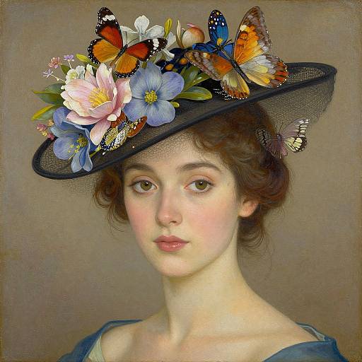 Digital painting of a young woman with fair skin and brown hair, wearing a black hat adorned with colorful butterflies and flowers, against a beige background.