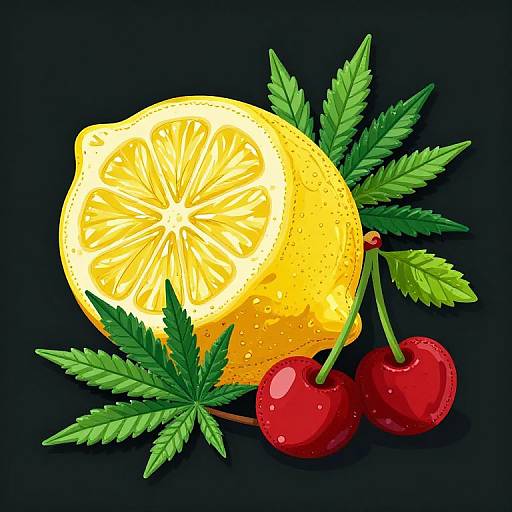 Digital illustration of a yellow lemon slice with green leaves and two red cherries on a black background.