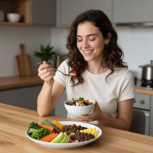 Smiling Woman Enjoying Vibrant Vegan Meal