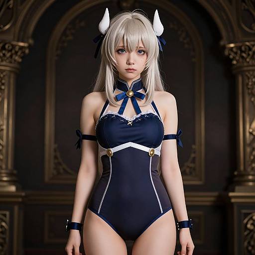 CGI anime-style blonde woman with white horns, blue ribbon, black strapless bodysuit, white accents, standing in ornate dark room.
