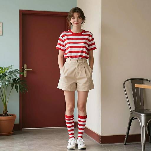 Young woman in striped outfit standing indoors