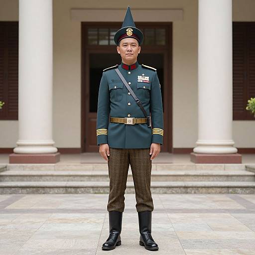 Photograph of a male soldier standing in front of a building, wearing a dark green military uniform with gold stripes, black hat, black pants, black
