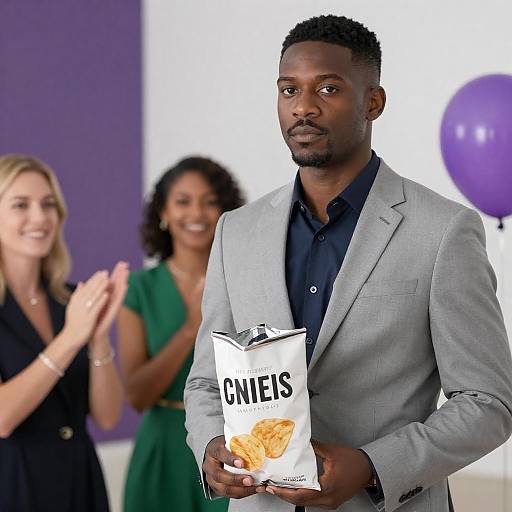 Man in gray suit holding chip bag with two women clapping