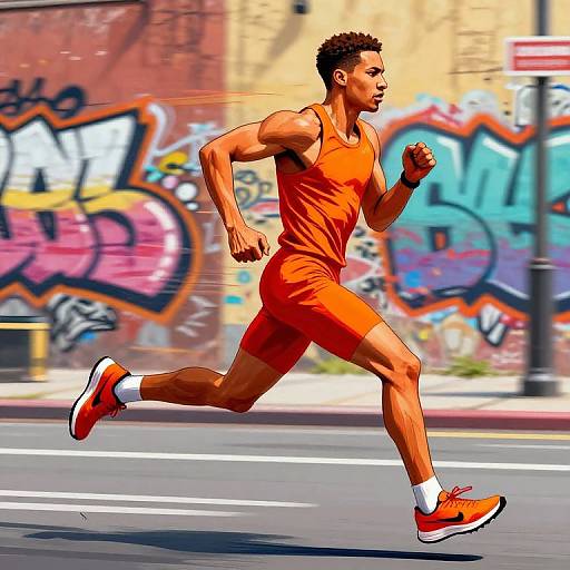Digital illustration of a muscular, tan-skinned man in orange running outfit and shoes, sprinting down a graffiti-covered urban street.