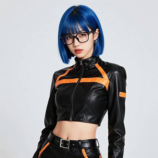Woman with Blue Hair in Black Leather Outfit