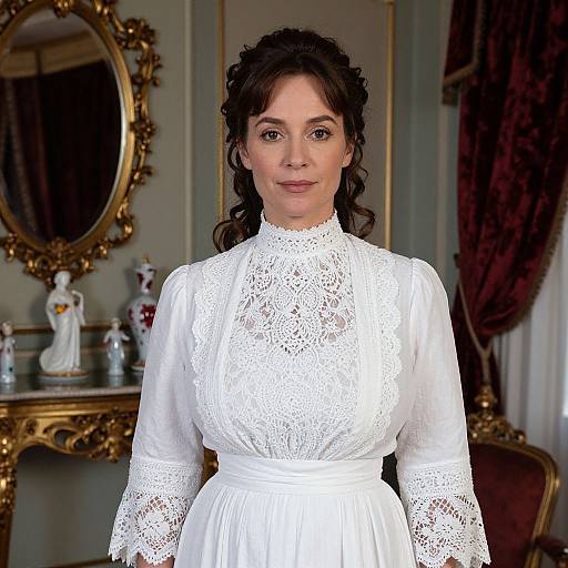 Photograph of a brunette woman with wavy hair, wearing a white lace long-sleeve dress, standing in an elegant room with gold-framed