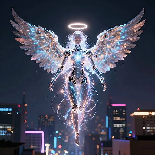 Digital artwork of a glowing, robotic angel with blue and white LED wings, halo, and geometric body, floating above a neon-lit cityscape at