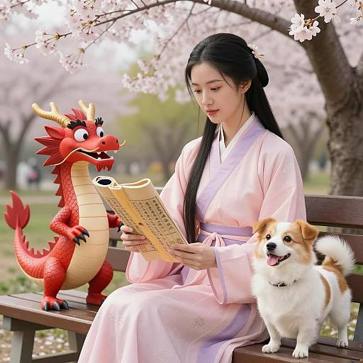 Asian Woman in Traditional Dress Reading Scroll with Dragon and Dog