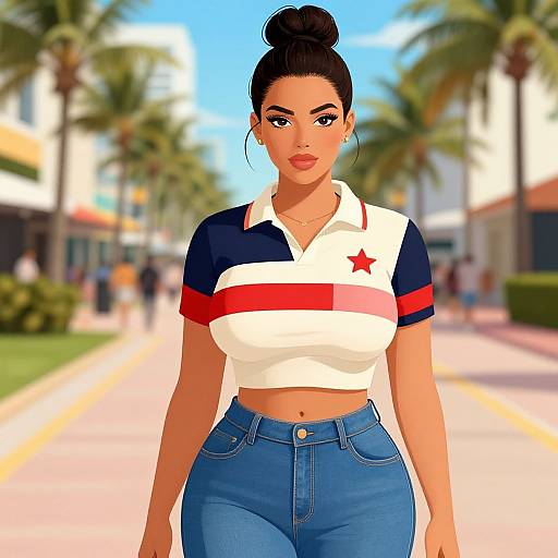 Digital illustration of a curvy Latina woman with dark hair in a bun, wearing a white, red, and navy polo shirt, and blue jeans,