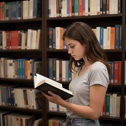Photograph of a young woman with long brown hair, wearing a gray t-shirt and blue jeans, reading a book in a library with colorful booksh