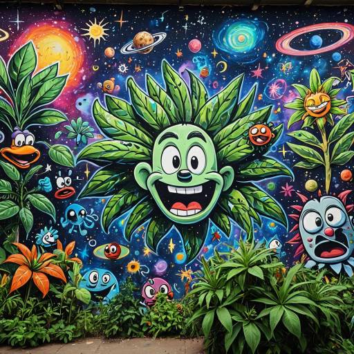 Colorful Graffiti Wall of Cartoon Plants and Galaxies
