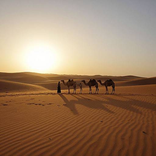Photograph of a desert sunset with a silhouetted figure standing beside three camels, casting long shadows on rippled sand dunes.