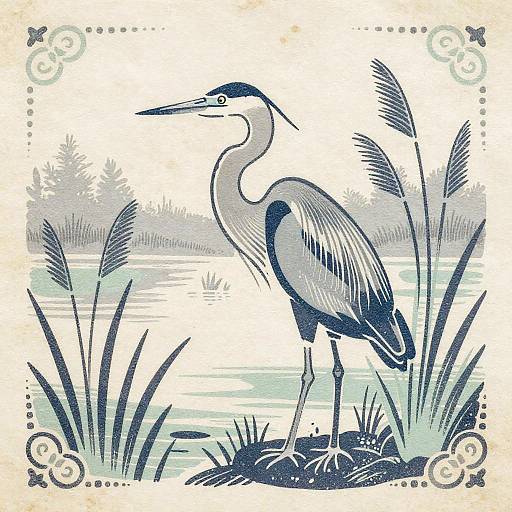 Woodcut Style Heron in Marsh