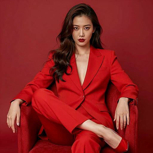 Bold Woman in Red Suit and Chair