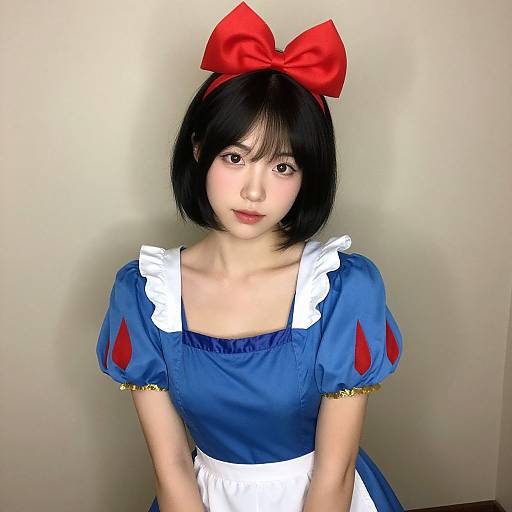 Photograph of an Asian woman with short black hair, wearing a red bow, blue Alice in Wonderland dress with white apron, and red puffed