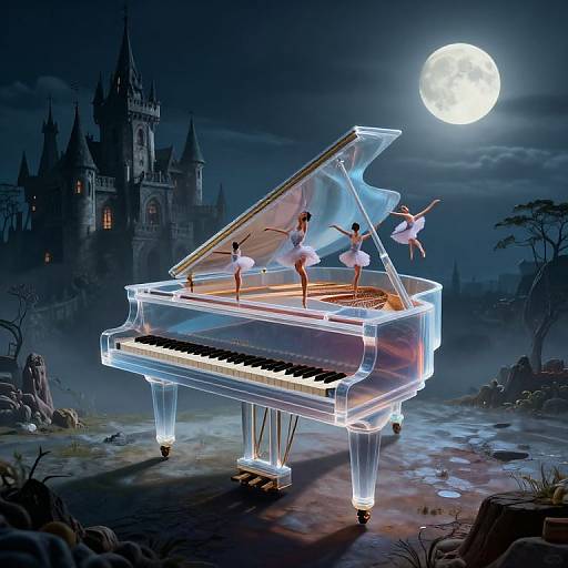 Digital artwork: Glowing, transparent grand piano with four ballerinas dancing on it under a full moon, Gothic castle in the background.