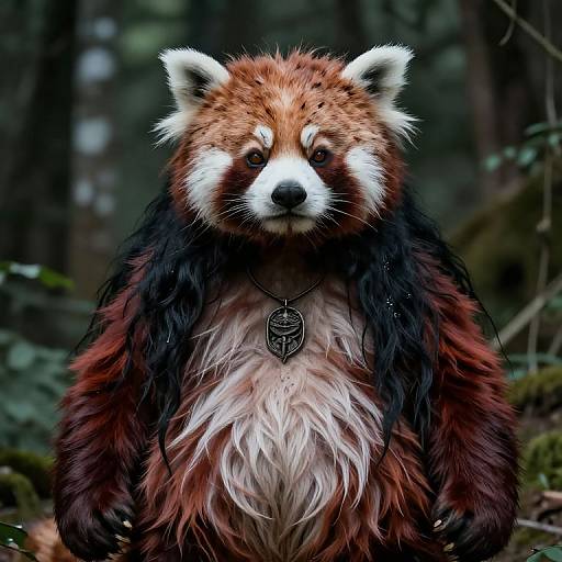 Photorealistic digital artwork of a red panda with detailed fur, wearing a pendant, standing in a dark, mossy forest.