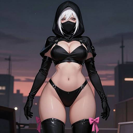 Digital anime-style drawing of a white-haired woman in a black hood, mask, bra, and thong, with black gloves and thigh-high boots,