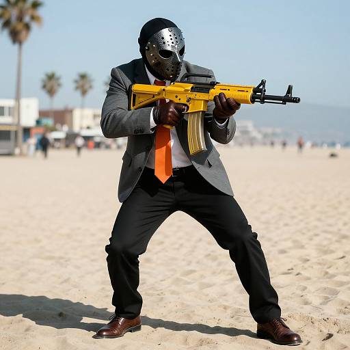 Photograph of a Black man in a gray suit, orange tie, black mask, and brown shoes, holding a yellow rifle on a sunny beach with