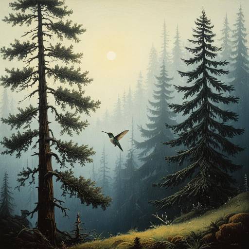 Hummingbird and Cedar Tree in Mystical Forest Hummingbird and Cedar Tree in Mystical Forest