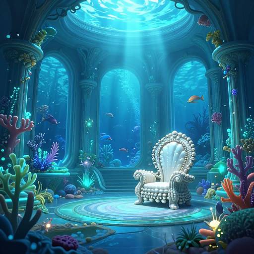 Underwater fantasy room with glowing blue light, ornate white chair, colorful coral, and fish, illuminated by sunlight from dome ceiling.