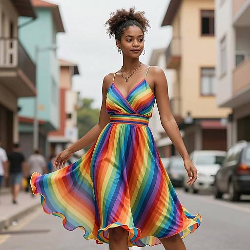 Young Woman in Rainbow Mambo Dance Dress on Urban Street