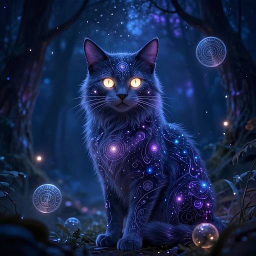 Digital artwork of a glowing, mystical blue cat with neon yellow eyes, surrounded by ethereal bubbles and swirling lights in a dark, enchanted forest.