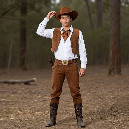 Young man in white shirt, brown vest, pants, and boots, wearing a brown hat, stands in a forest, holding hat brim. Photograph