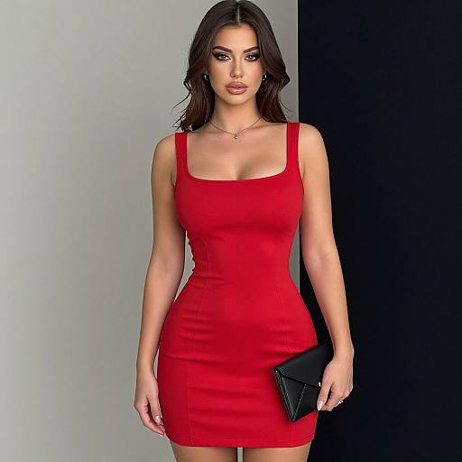 Photograph of a beautiful brunette woman in a tight, red, sleeveless dress, holding a black clutch, standing against a split black and gray background