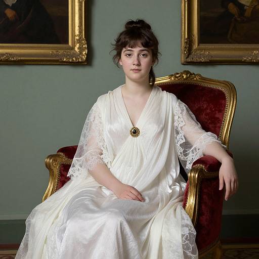 Photograph of a young woman with pale skin and dark hair, wearing a white lace-trimmed gown, seated on a red velvet armchair with