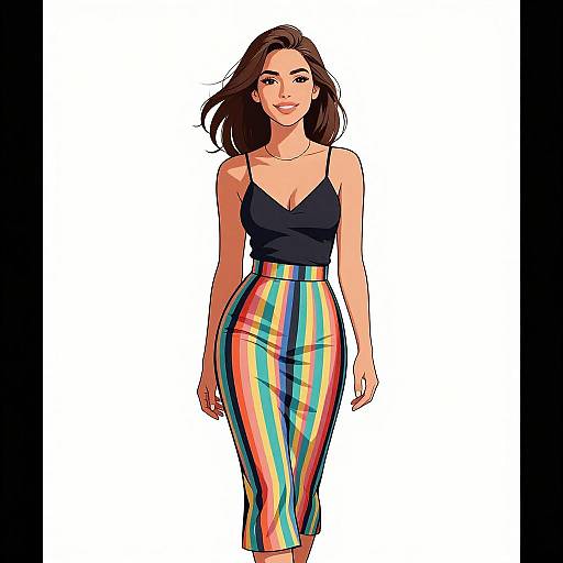Digital illustration of a smiling woman with long brown hair, wearing a black spaghetti strap top and colorful striped pencil skirt, standing against a white background.
