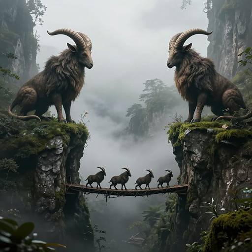 Digital fantasy artwork of two large, horned goats sitting on mossy cliffs, with four smaller goats crossing a narrow wooden bridge between them in a mist