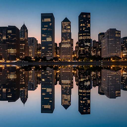Photograph of a city skyline at dusk with tall, illuminated skyscrapers reflected in a calm, mirror-like body of water.