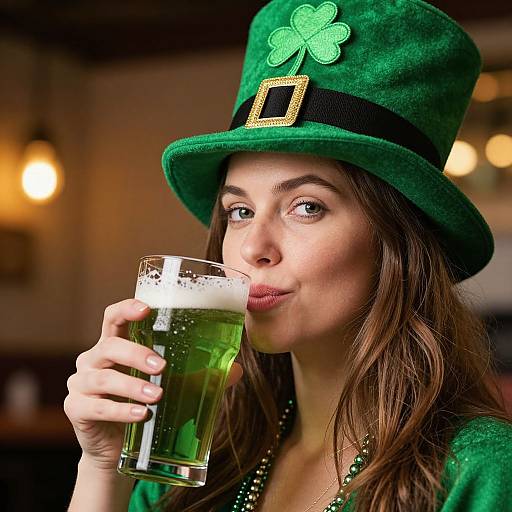 Photograph of a woman with long brown hair, wearing a green Leprechaun hat with a shamrock and black band, sipping a green