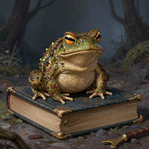 Digital illustration of a detailed, green, spotted frog with large orange eyes perched on an old, worn book in a dark, mystical forest.