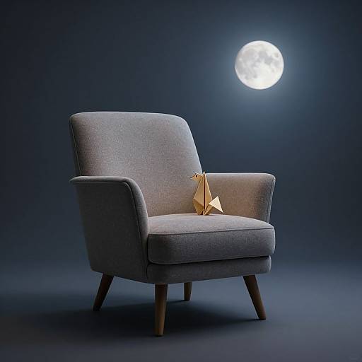 Photograph of a gray upholstered armchair with wooden legs, featuring a folded origami paper on its seat, under a bright full moon in a