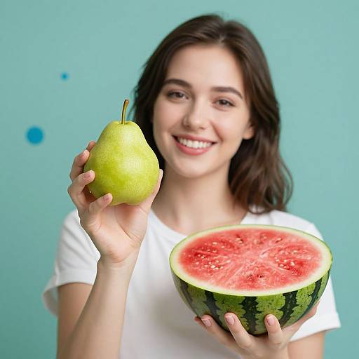 Smiling Woman with Pear and Watermelon