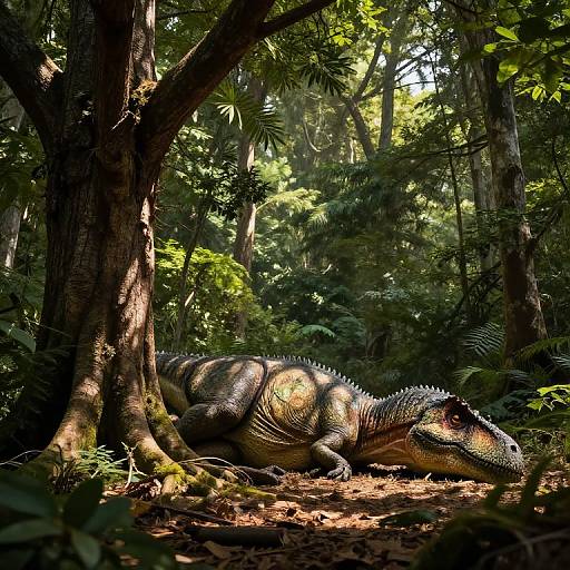 Photograph of a large, detailed, green and yellow dinosaur with spines, resting in a sun-dappled, dense forest with tall trees and