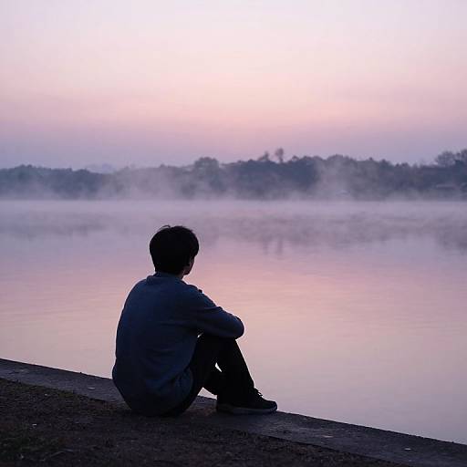 Photograph of a solitary boy in silhouette, sitting on a dock, gazing at a misty, pink-hued lake at dawn.
