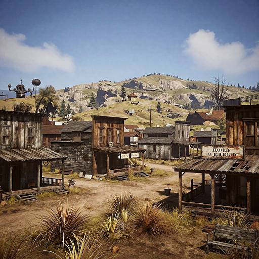 Photograph of a dusty, sunlit Western town with wooden saloons, grassy patches, and a mountainous backdrop under a bright blue sky.