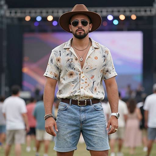 Photograph of a bearded man wearing a brown hat, sunglasses, floral shirt, blue shorts, and brown belt, standing confidently outdoors at a lively